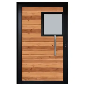 Aluminium Pivot Door with Timber Slats & Square Glass Panel