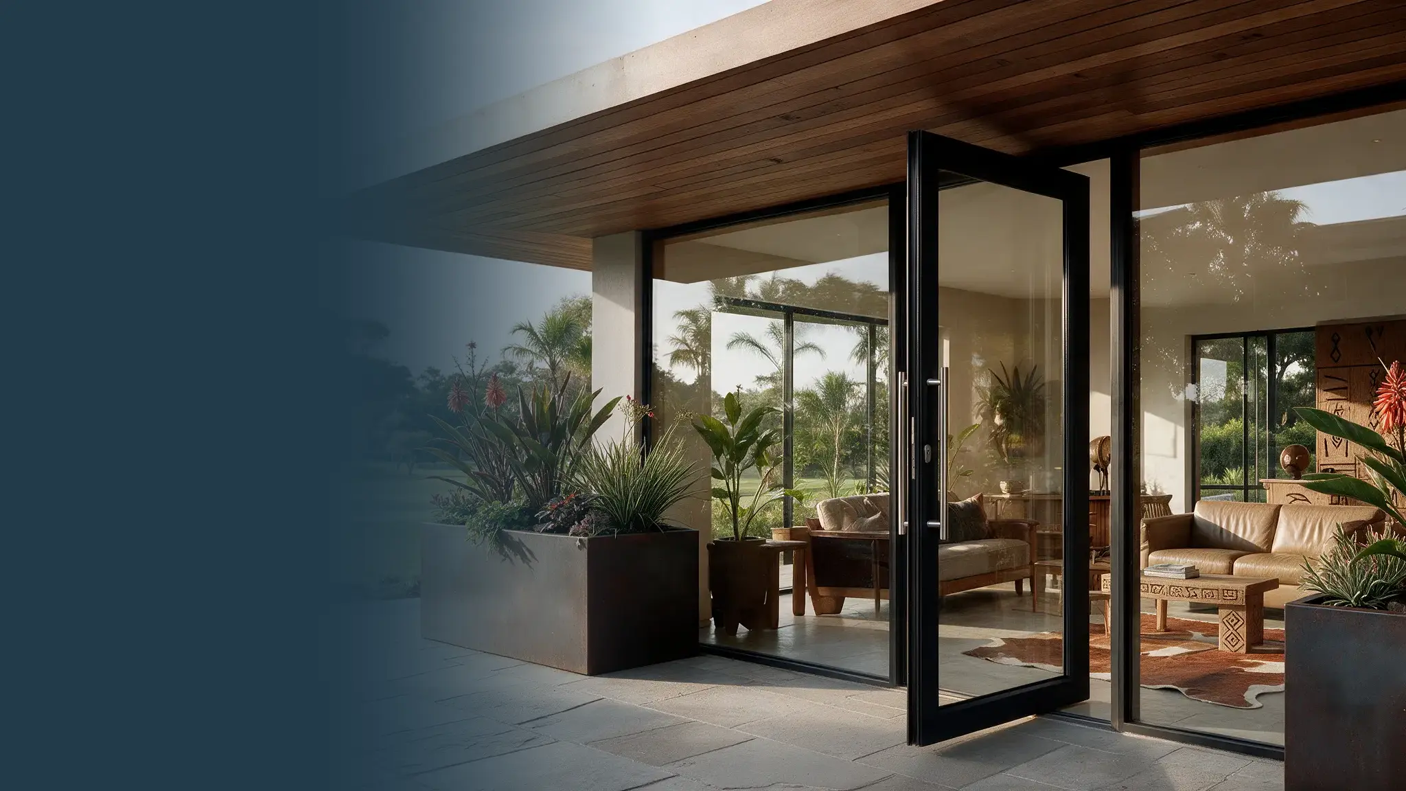 Modern black aluminium entrance door with glazed sidelights opening onto a patio.