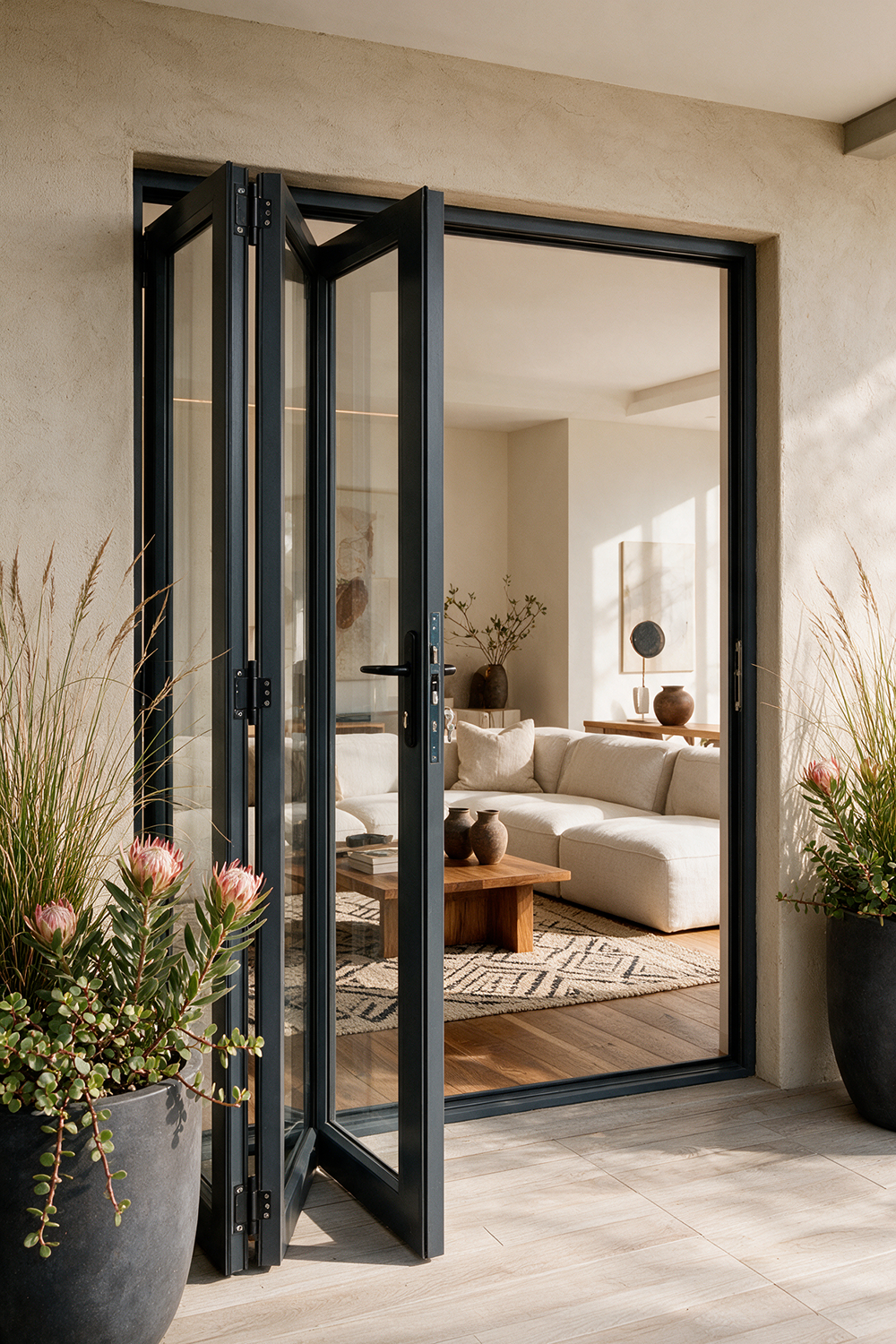 Black aluminium folding doors stacked open to create a wide entrance between indoor and outdoor living spaces.