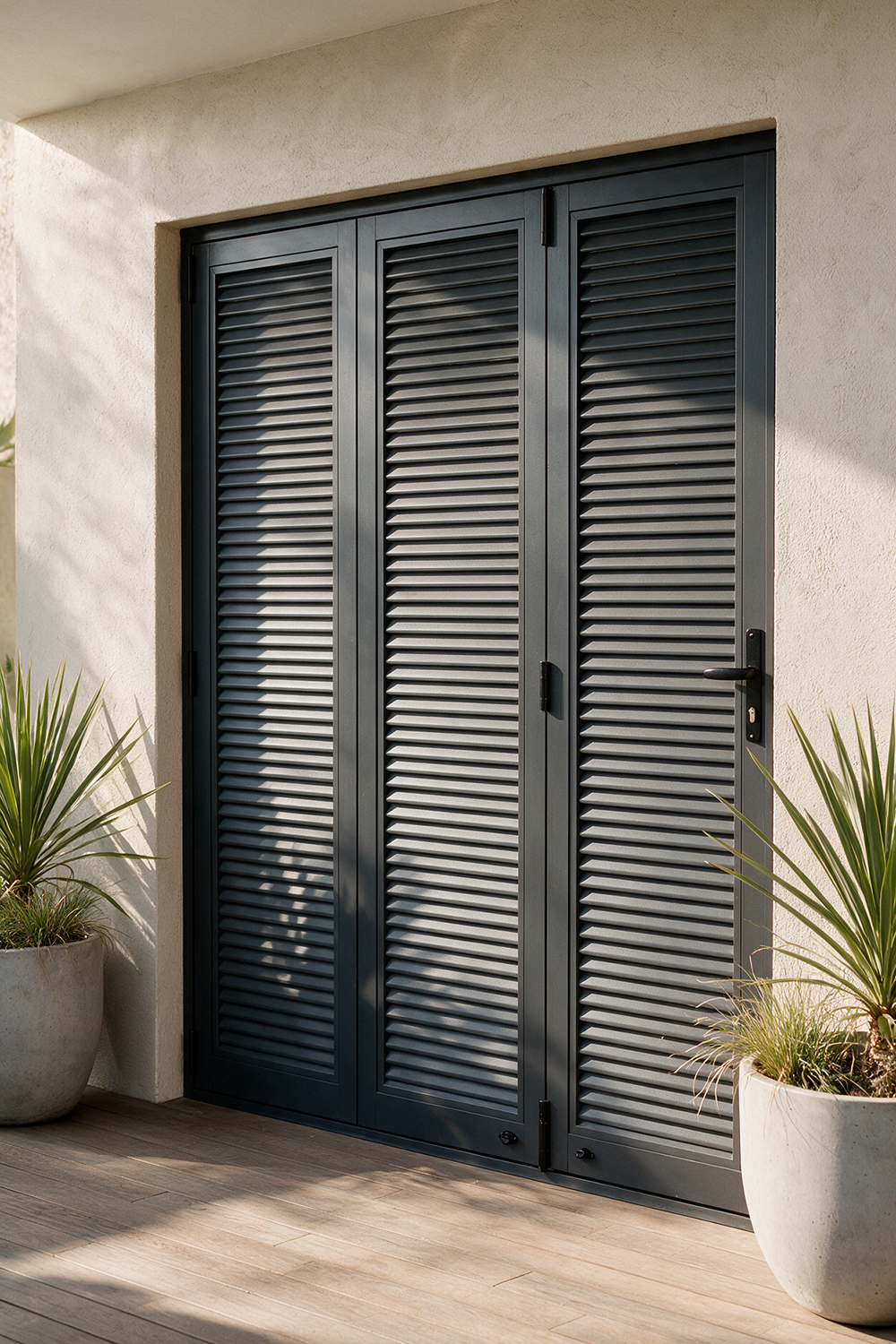 Dark aluminium louvre doors with horizontal slats.