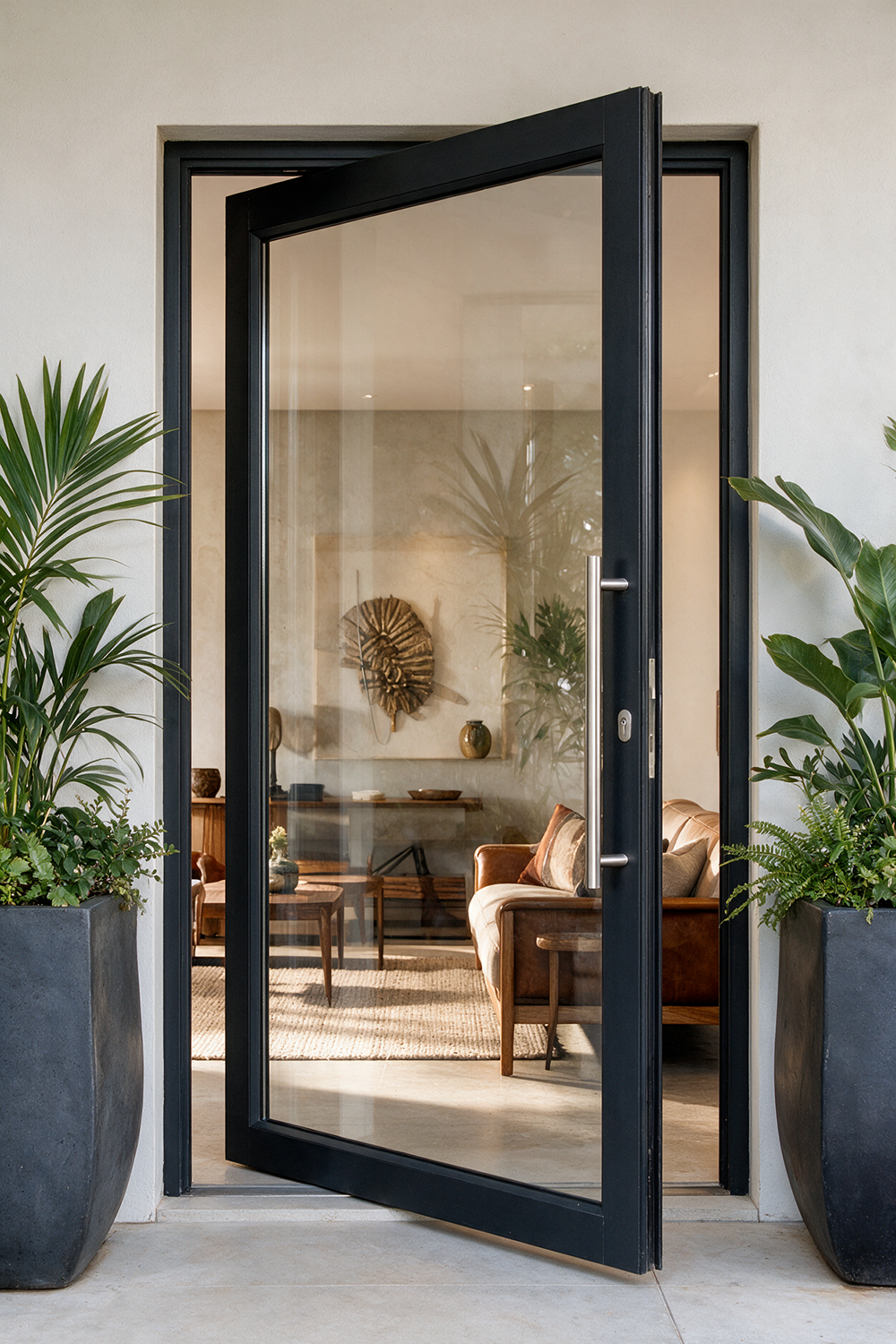 Black aluminium pivot entrance door.