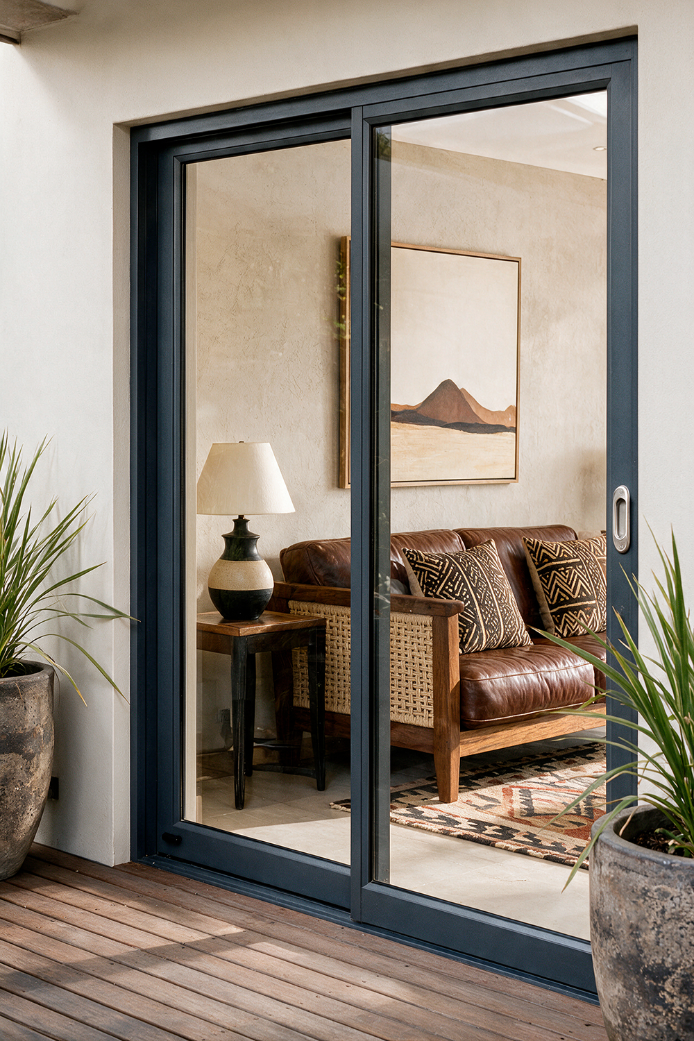 Dark aluminium sliding doors opening onto a living space.