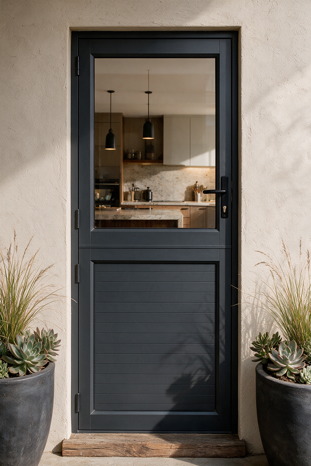 Dark aluminium stable door with glazed upper section.