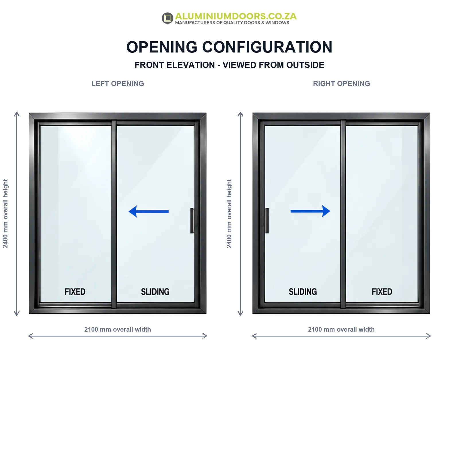 2 Panel Aluminium Sliding Door – 2100 × 2400mm – Opening Configuration