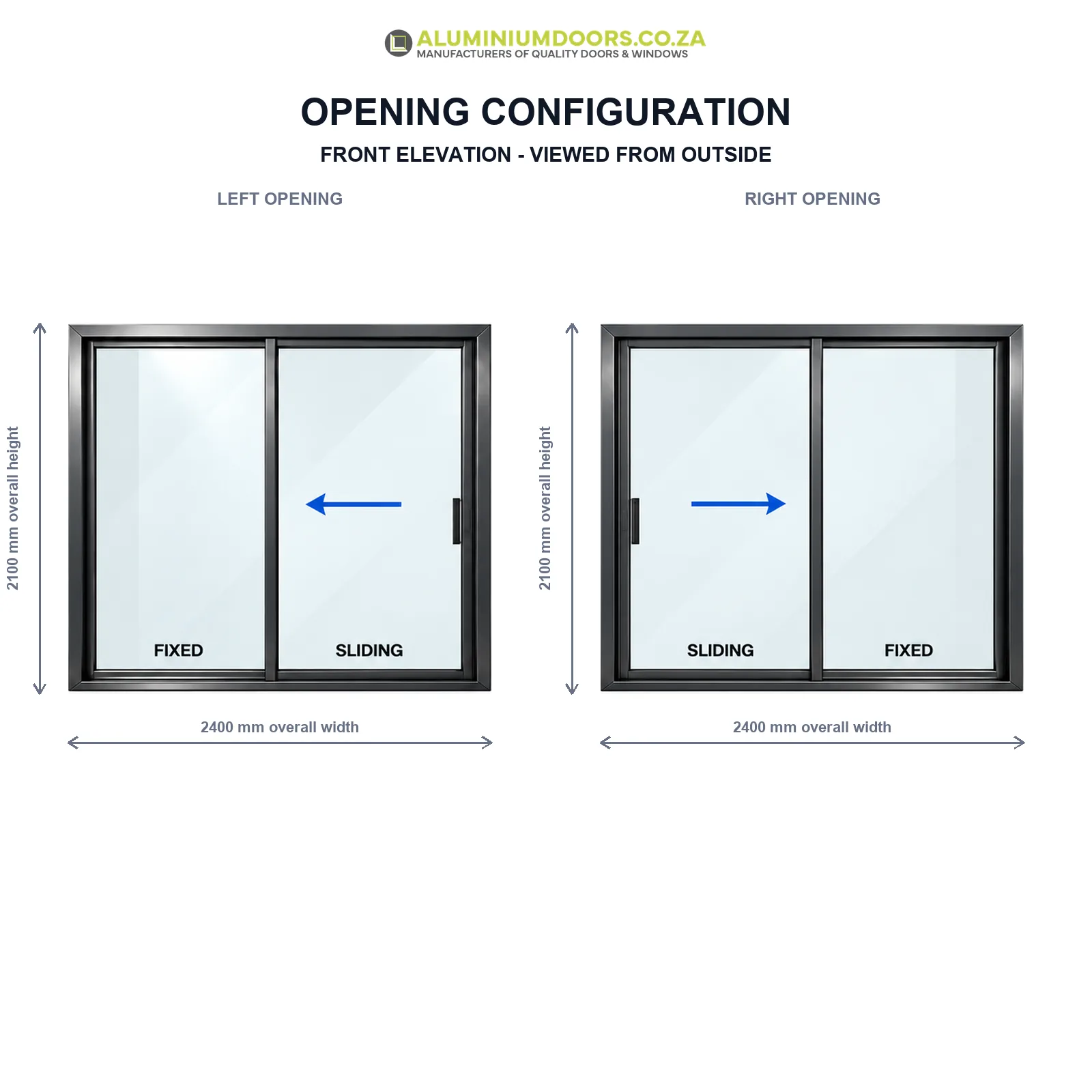 2 Panel Aluminium Sliding Door – 2400 × 2100mm – Opening Configuration