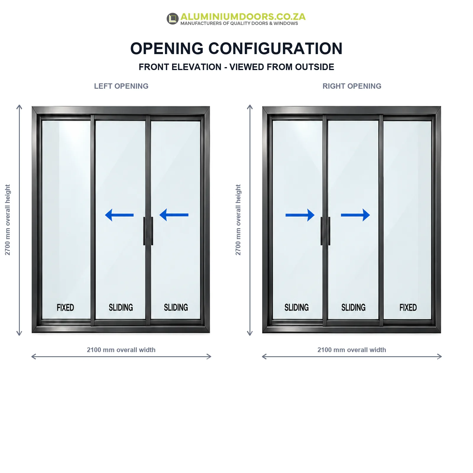 3 Panel Aluminium Sliding Door – 2100 × 2700mm – Opening Configuration
