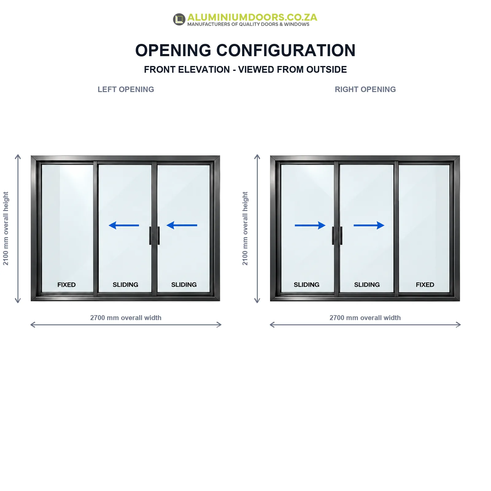 3 Panel Aluminium Sliding Door – 2700 × 2100mm – Opening Configuration