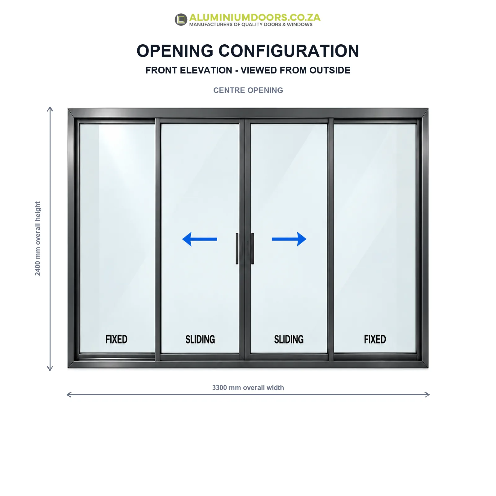 4 Panel Aluminium Sliding Door – 3300 × 2400mm – Opening Configuration