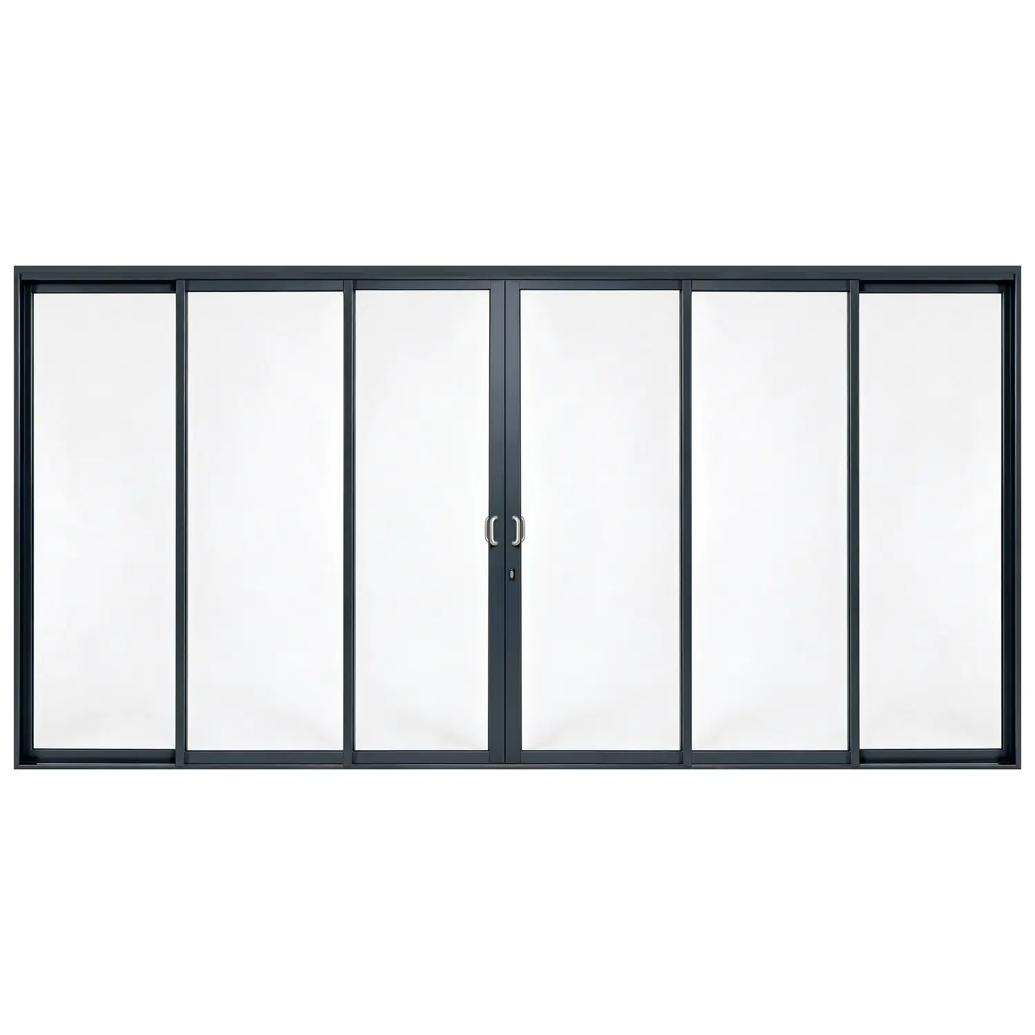 Villa Quad 6-panel aluminium sliding door, 4800 x 2400 mm, with curved silver pull handles